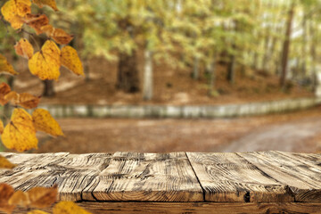 Desk of free space and autumn landscape. 