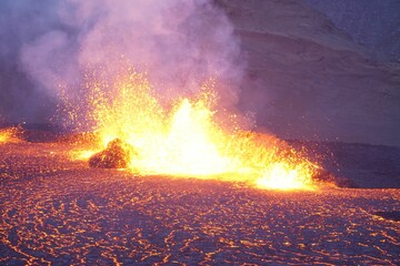Fagradalsfiall volcano eruption and hot lava on land in Iceland