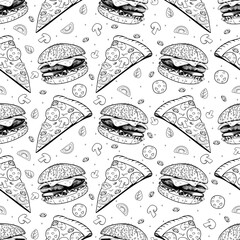 sketch Hamburger and pizza seamless vector pattern