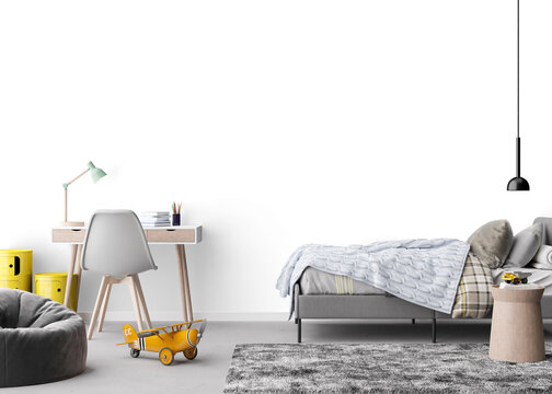 Kids Room Wall Mock Up With Transparent Background. Simple To Put Your Own Wallpaper Design On The Wall. Children Room Wallpaper Mockup. Modern And Contemporary Interior. Scandinavian Style.