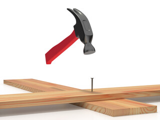 Hammer with nail and  wooden boards. 3D rendering