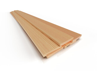 Stack of wooden boards on white floor, isolated. 3D rendering.