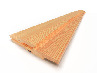 Stack of wooden boards on white floor, isolated. 3D rendering
