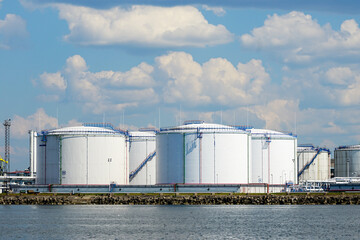Petrochemical refinery product tank farm at oil terminal for commercial trade fuel transport