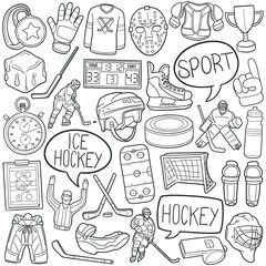 Ice Hockey Doodle Icons. Hand Made Line Art. Winter Sports Clipart Logotype Symbol Design.