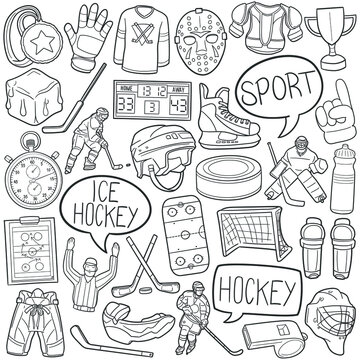 Ice Hockey Doodle Icons. Hand Made Line Art. Winter Sports Clipart Logotype Symbol Design.