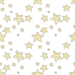 Seamless pattern with cute yellow stars in a children's style on a white background. Weather symbol. Watercolor pattern.