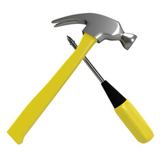 Hammer and screwdriver isolated on white background. 3D rendering