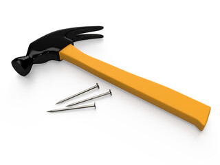 Hammer and nails on white background, isolated. 3D rendering