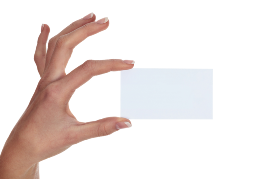 Female hand holding a blank paper card isolated on white background