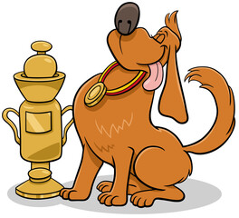 cartoon dog with a cup and a medal from the dog show