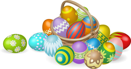Painted Easter eggs in basket illustration