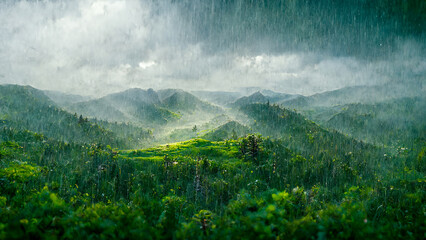 Rainy mountain forest landscape
