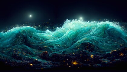 Ocean fantasy night landscape sea starry dark waves stars.
