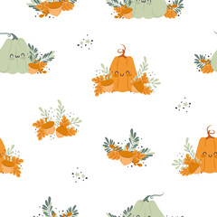 Seamless pattern with  Cute pumpkins and. Nursery kids patterns. Kawaii Pumpkin autumn characters. Vector pattern perfect for fabric, invitations, posters, printing