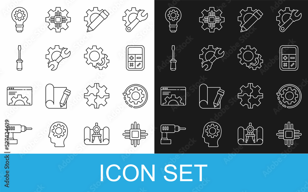 Poster set line processor with microcircuits cpu, gear and arrows as workflow, calculator, pencil gear, wre