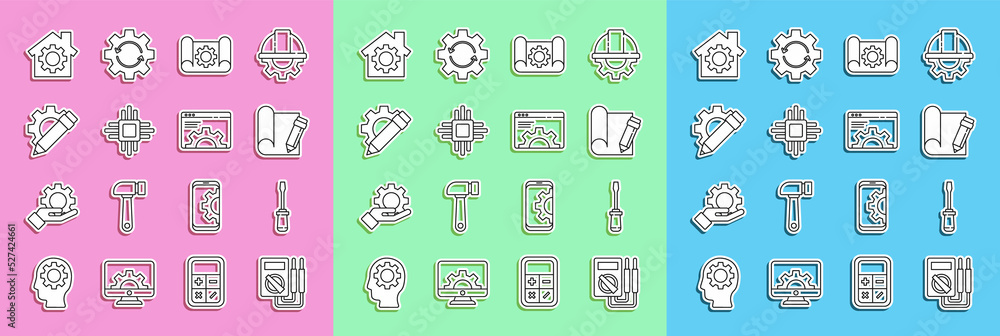 Poster set line multimeter, screwdriver, graphing paper and pencil, gear, processor with microcircuits cpu,