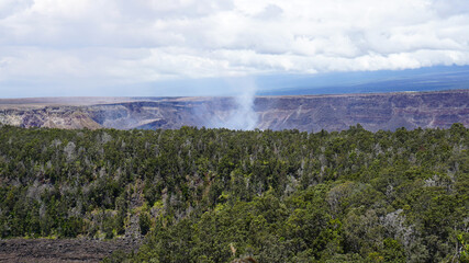 Smoke and steam rising out of Kilauea Caldera in Hawaii's Volcanoes National Park.