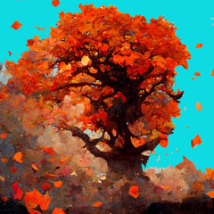autumn leaves on a tree orange and red on a blue background