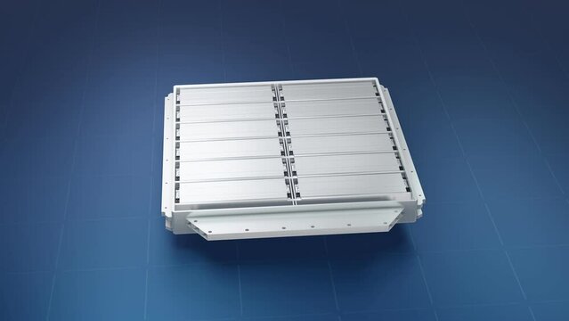 Electric vehicle lithium ion rechargeable battery module inside metal enclosure packed for car, new solid li-ion cell pack manufacturing for transportation energy storage industry 3D rendering