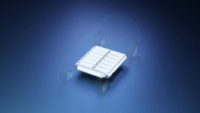 Transparent view inside electric vehicle with lithium ion battery module, x-ray SUV car energy storage system design with Li-Ion rechargeable cell pack housing, 3D rendering transportation technology