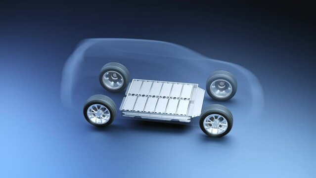 Transparent view inside electric vehicle with lithium ion battery module, x-ray SUV car energy storage system design with Li-Ion rechargeable cell pack housing, 3D rendering transportation technology