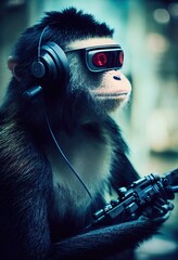Realistisches Porträt eines Sci-Fi-Cyberpunk-Affen in einem Cyber-Anzug. Futuristischer Hightech-Affe aus der Zukunft. Das Konzept der virtuellen Realität und Cyberpunk. 3D-Rendering.