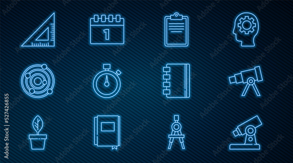 Poster set line microscope, telescope, clipboard with checklist, stopwatch, solar system, triangular ruler,