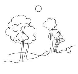 Landscape park with path and trees. Continuous line drawing illustration. - 527426823