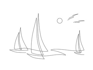 Yachts on sea waves. Seagull in the sunny sky. Continuous line drawing illustration. Isolated on white background - 527426829