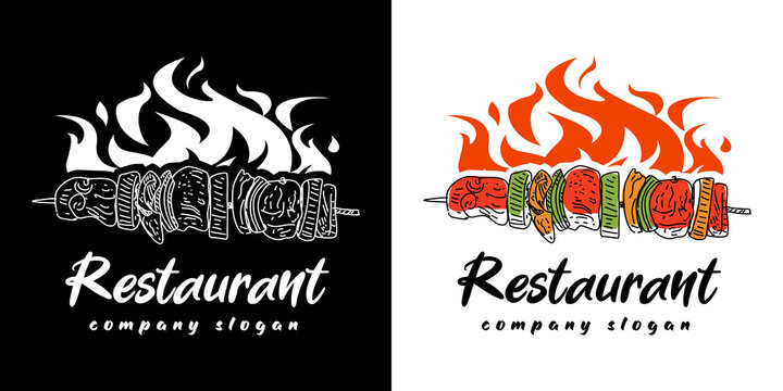 Flame and text designs as well as grill elements shish kebab logo. Vector illustration.