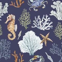 Seamless pattern with watercolor illustrations of corals and animals in marine style on a blue background.   © Lana