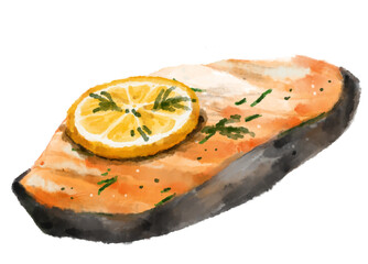 watercolor painting steak salmon fillet lemon thyme seafood illustration