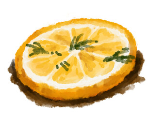 Grill lemon slice with herb watercolor painting topping on food