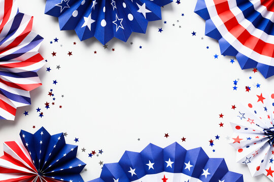 American flag color paper fans with confetti on white background. Banner design for Memorial Day, 4th of July, Labor Day, Independence Day.