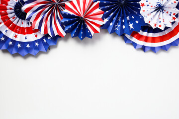 USA paper fans decorations on white background. Independence Day, Labor Day, Columbus Day...