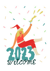 Funny girl in Santa's hat celebrating the New Year with a champagne glass. Welcome 2023 lettering surrounded by confetti