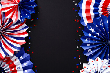 Happy Labor Day banner design. Frame made of USA paper fans decorations with confetti on black background. July 4th patriotic party invitation mockup.