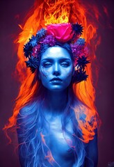 Fototapeta na wymiar Mystical beautiful fictional woman on fire. Fire blazes around the woman. 3D render