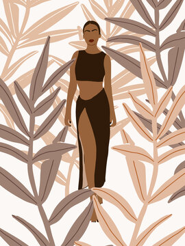 Abstract summer Boho poster with Woman fashion Silhouette. Minimalist Tropical exotic wall art illustration.