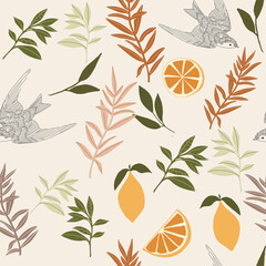 Romantic flying Birds and Foliage seamless pattern. Hand drawing swallow, botanical plants and orange fruits. Trendy nature elements. Colorful vector illustration