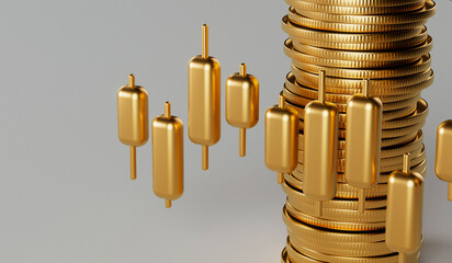 Gold stock market investment trading graph with a stack of gold coins. 3D Rendering