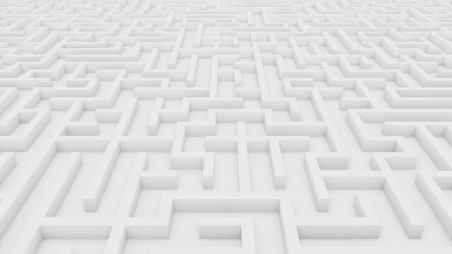 Fly over camera realistic looping 3D animation of the matte white maze rendered in UHD