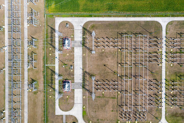 Aerial view of high voltage distribution substation, Poland