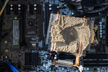 Close-up of a PC cooling system, a dirty radiator from a computer