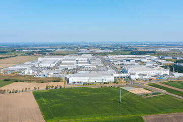 Modern European industry. Lots of industrial buildings, a large factory for the production of modern electronics, aerial view