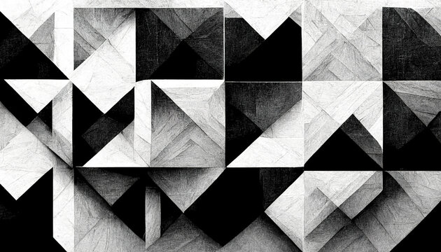 Modern abstract dynamic shapes black and white background with grainy paper texture. Digital art. © Bisams