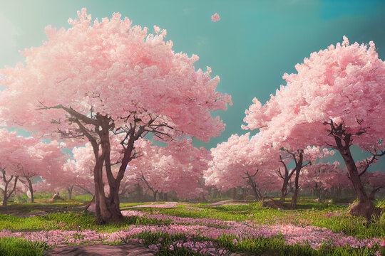 beautiful cherry blossom, sakura tree background, japanese spring wallpaper, 3d render, 3d illustration