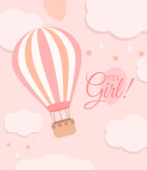 Cute it's a girl baby shower card with a hot air balloon and clouds with a stars on the pastel pink background