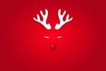 Reindeer antlers with ed nose on red background. New Year and Christmas minimal Greeting card. Vector illustration